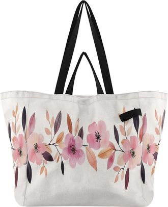 Generic Pink Blossom Leaves Beige pattern Reusable Canvas Tote Bag, Heavy Duty Grocery Shopping Bag with Large Capacity Double Handles Hard Bottom Work Grocer