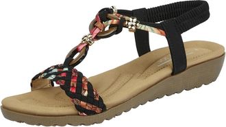 Jo & Joe Ladies Beaded T-bar Low Wedge Sandals - Marrakesh - Black - UK 6