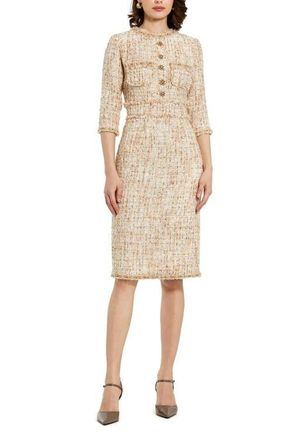 Mac Duggal Petite Beaded Trim Boucle Midi Dress with 3/4 Sleeves in Blush at Nordstrom, Size 10P