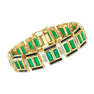 Ross-Simons Green Chalcedony and White Topaz Bracelet With Black Enamel in 18kt Gold Over Sterling