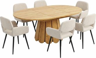 Urban Meuble Conjunto de mesa ovalada extensible de madera y 6 sillas crema