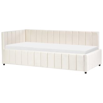 Beliani Cama Elegante 90 X 200 Cm Tapicer&iacute;a De Terciopelo Acolchado Somier De Listones Patas De Madera Blanco Crema Lisieux