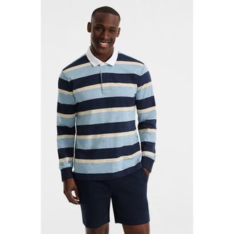 Lands End Long Sleeve Textured Rugby Polo in Radiant Navy/marble Stripe at Nordstrom, Size Xx-Large