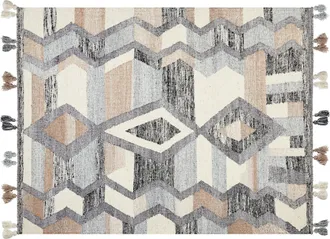 Beliani Alfombra Kilim De Lana Gris Azul Beige 160 X 230 Cm A Mano Borlas Aygezard