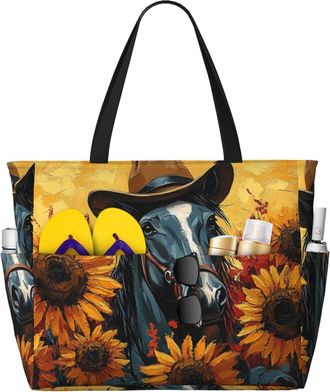 Generic Cowboy Horse Print Large Beach Bag Foldable Travel Shoulder Tote Bag With Pocket For Weekender Pool Vacation