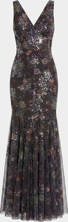 Mac Duggal Sequin Floral-Print Mesh Mermaid Gown