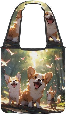 Generic Cute corgi Puppy Reversible Canvas Shoulder Tote - Double-Sided Print, 12oz Cotton, 27cm Drop, Fold-Flat Bag for Travel, Shopping, Street Outings