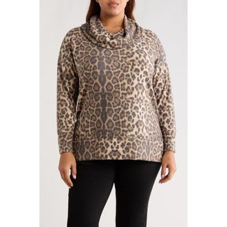 Loveappella Leopard Print Hacci Knit Cowl Neck Tunic in Taupe/Brown at Nordstrom, Size 2 X