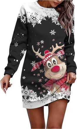 Generic Womens Oversized Sweatshirt Dress Long Sleeve Crew Neck Christmas Sparkle Dress Xmas Wine Glass Printed Dresses Long Tops to Wear with Leggings Going 