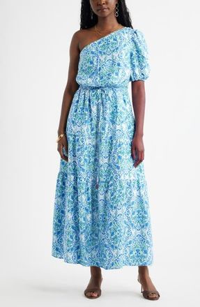 Chelsea28 One Shoulder Floral Print Maxi Dress in Blue- Green Coastal Medallion at Nordstrom, Size Xx-Small