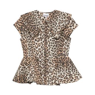 Ganni Gele top met ruches en luipaardprint - Dames - Blouses - Veelkleurig - S - Katoen - Overhemden