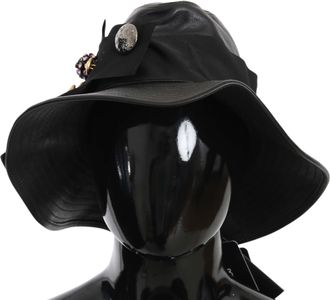 Dolce & Gabbana Dames Zwart Leder DG Munt Kristal Brede Rand Hoed