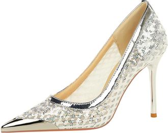 Generic Womens Stiletto Pointed Toe Pumps Stilettos Silver 9.5cm Pumps Shoes Sequins Mesh Sexy Party Shoes-Numeric_5_Point_5