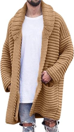 Generic Mens Knit Cardigans Sweaters Long Sleeve Jacket Mens Autumn and Winter Fashion Jackets Solid Color Warm Jacket Long Cardigan Lapel Long-Sleeved Woolen
