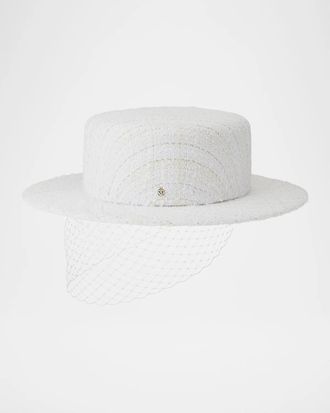 Maison Michel Kiki Tweed Boater Hat with Veil