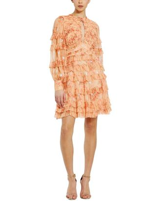 Mac Duggal Floral Mesh Long Sleeve Ruffle Mini Dress