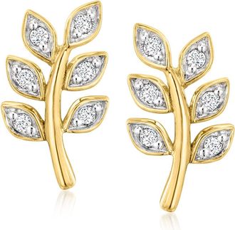 Ross-Simons Diamond Leaf Earrings in 18kt Gold Over Sterling