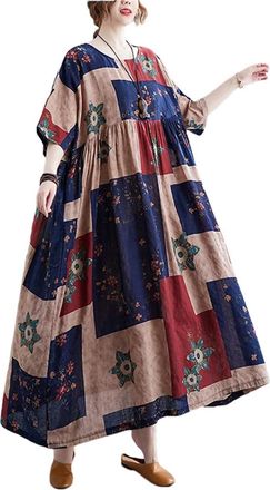 Generic Women O-Neck Thin Soft Cozy Loose Summer Dress Print Floral Holiday Travel Casual Beach Long Maxi Dress 17 Dark Blue One Size