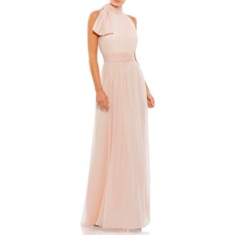 Mac Duggal Petite A Line Chiffon Halter Neck Evening Gown in Blush at Nordstrom, Size 12P