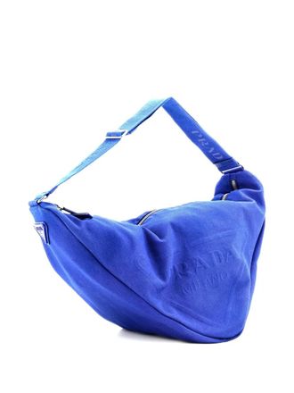 Prada Triangle Logo Zip Crossbody Bag Embossed Canvas Large shoulder bag - Blauw