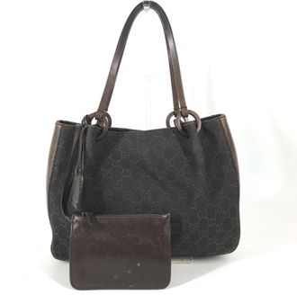 Gucci Brown Leather Canvas Handbag Shoulder Bag Tote Bag (Pre-Owned)