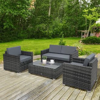 OUTSUNNY 4PC Rattan Sofa Set Outdoor Coffee Table Chair Wicker Garden in Grey