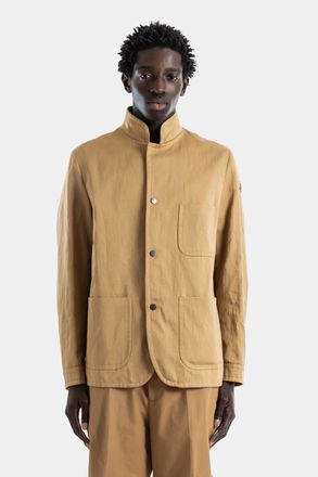 Moncler Mens Jouere Camel Cotton Linen Mao Collar Shirt Jacket