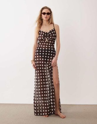 Miss Selfridge Vestito lungo da mare in chiffon marrone cioccolato a pois