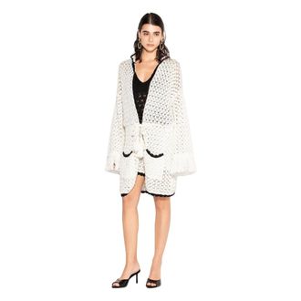Akep Cardigans, female, White, Size: XS Long Cardigan with Hood and Contrast Trims