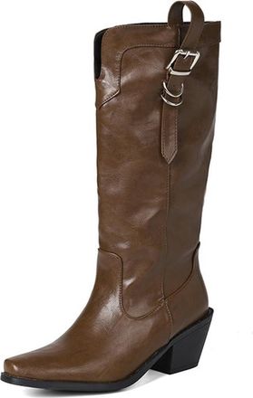 Generic Womens Square Toe Western Cowgirl Knee High Riding Boots Chunky Heel Pull On Comfort Versatile Shoes (7.5,Brown)