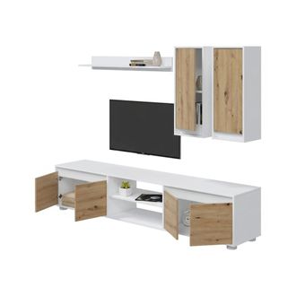 Dmora Dmora - Mueble De Pared Wells, Conjunto De Sal&oacute;n, Mueble De Sal&oacute;n Multiusos, Composici&oacute;n Para Sal&oacute;n Moderno, 200x40h114 Cm, Blanco Y Roble