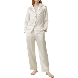 LilySilk Gold Piping Silk Pajamas Set in Natural White at Nordstrom, Size Medium
