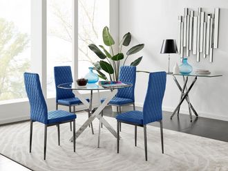 Furniturebox Novara 100cm Round Dining Table & 4 Velvet Milan Black Leg Chairs in Navy