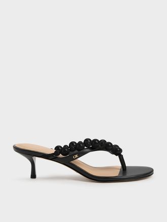 Charles & Keith Leather Beaded Thong Kitten Heels