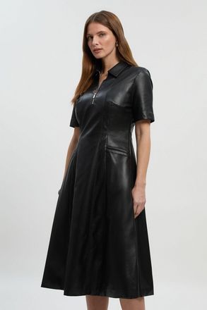Karen Millen Womens Faux Leather Collared Midi Shirt Dress - Black - Size 14 UK