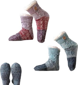 Generic Knitted Ultra-thick Slipper Home Socks, Non-Slip and Fluffy Warm Winter Socks, Tri-color Patchwork Cashmere Sock for Women (PURPLE+BLUE)