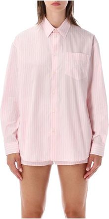 Sporty & Rich Signature Logo Oversized Shirt - Dames - Overhemden - Roze - S - Katoen - Overhemden