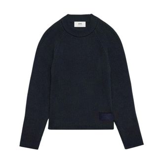 Ami Round-neck Knitwear, male, Blue, XS, Marine Jumper with Logo Tag
