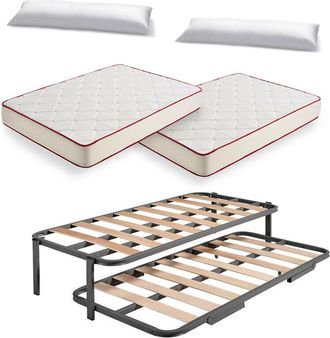 HOGAR 24 Hogar24 - Cama Nido Met&aacute;lica Reforzada + 2 Colch&oacute;nes Viscoel&aacute;sticos Viscoferta + 2 Almohadas De Fibra Resinada, 80x200 Cm
