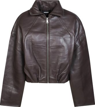 Rotate Cropped Brown Bonded Lambskin Leather Jacket