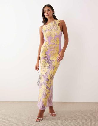 Asos Vestito in pizzo lilla ricamato e decorato con schiena scoperta e cut-out-Viola