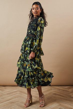 Oasis Womens Petite Occasion Floral Lace Trim Dobby Chiffon Tiered Midaxi Dress - Black - Size 16 UK