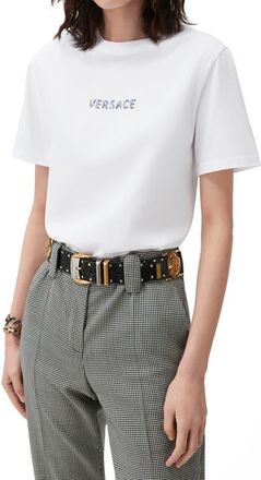 Versace Crystal Embellished Logo Cotton T-Shirt in Optical White at Nordstrom, Size 40
