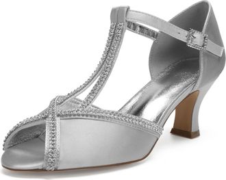 Generic Wedding Bridal Shoes Womens Low Kitten Heel Peep Open Toe Ankle Strap Sandals Buckle Office Summer Dress Low Heels 6.5Cm,Silver,9 UK