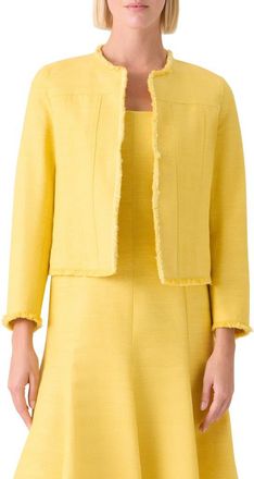 Akris Crop Silk & Cotton Shantung Jacket in Lemon Zing at Nordstrom, Size 16