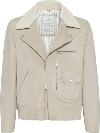 Brunello Cucinelli MenS Beige Leather Shearling Jacket, Size XL