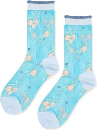 Hansel From Basel Wanda Floral Sheer Crew Socks in Blue at Nordstrom