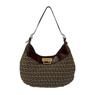 Fendi Pre-owned Shoulder Bags, female, Brown, Size: ONE SIZE Pre-owned FF Logo Leather Canvas Shoulder Bag