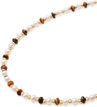 Nialaya Mini Beaded Pearl Tiger Eye Choker in White/brown at Nordstrom