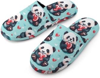 Generic Cute Pandas Hearts Flannel Mens Slip-on Slippers Winter Warm House Shoes with Rubber Sole for Home Hotel